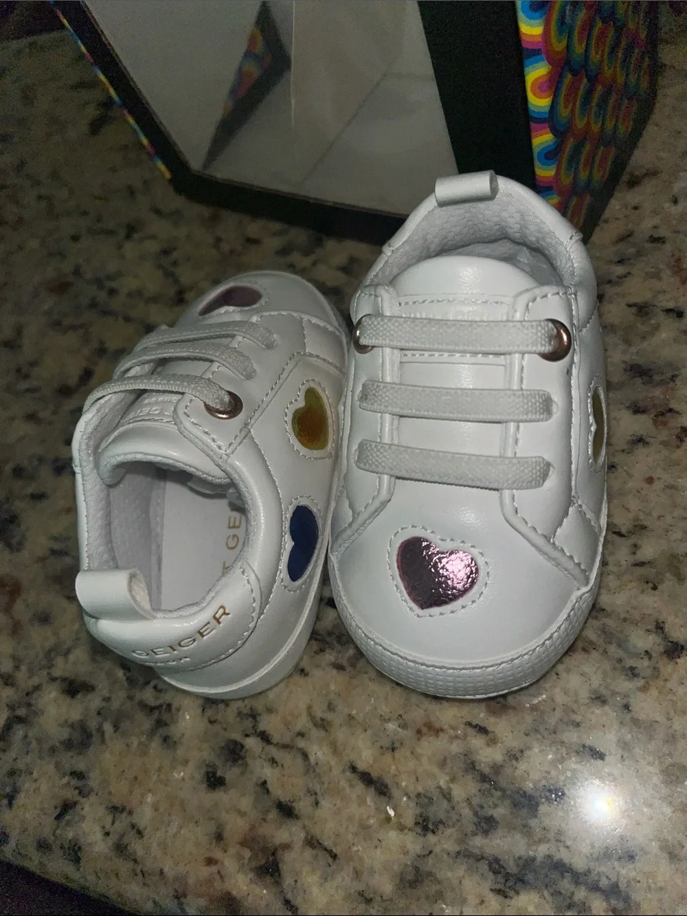 Kurt Geiger baby White Leather Sneakers with Metallic Heart Accents